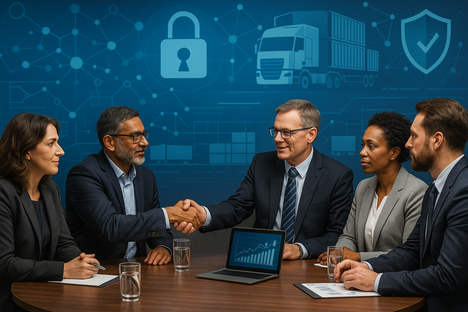 Business professionals sit around a table discussing logistics cybersecurity. Two men shake hands, symbolizing partnership. Behind them, a digital background features icons of trucks, locks, and shields, representing secure supply chains and technology-driven collaboration.
