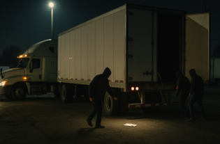 Three hooded individuals are seen attempting to access the back of a cargo truck at night in a dimly lit parking lot, suggesting a freight theft in progress. The scene highlights the risks of cargo theft and the importance of cargo and freight security in trucking operations.